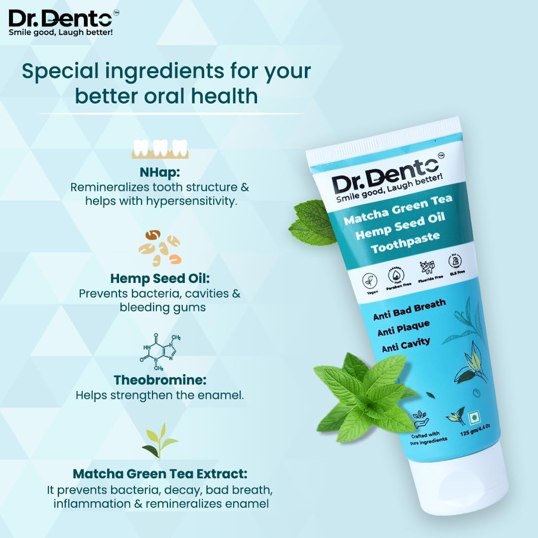 Dr.Dento Matcha Green Tea Toothpaste - 125 g | Teeth Whitening & Stain Removal | SLS & Fluoride Free | N-Hap For Teeth Remineralisation | No Artificial Colours/Sweetners | Toothpaste For Kids & Adults