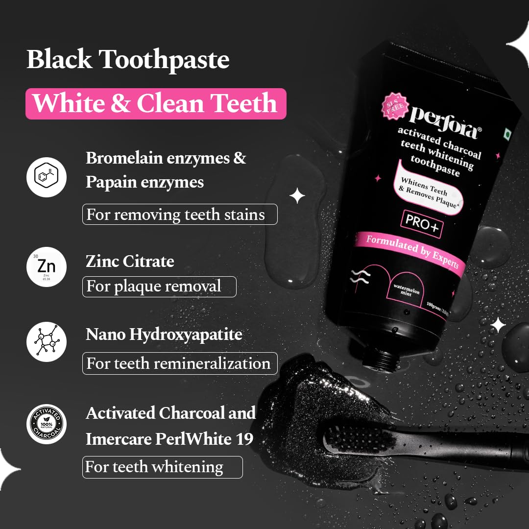 Perfora Activated Charcoal Whitening Toothpaste 100 gms | Enamel Safe Teeth Whitening Toothpaste for Men & Women | Removes Coffee, Tobacco & Wine Stains | SLS Free | Watermelon Mint