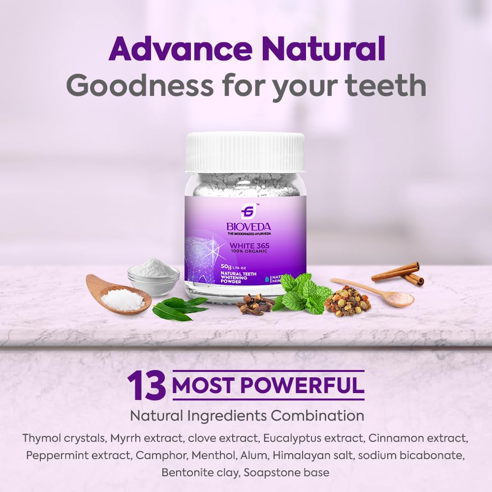 BIOVEDA White 365, Instant Teeth Whitening Powder | Results from Day 1 | 7 Additional Benefits | Tobacco Stains,Tartar & Plaque Remover | Enamel Safe Dental Cleaner Kit | Refreshing Natural Mint | 50g