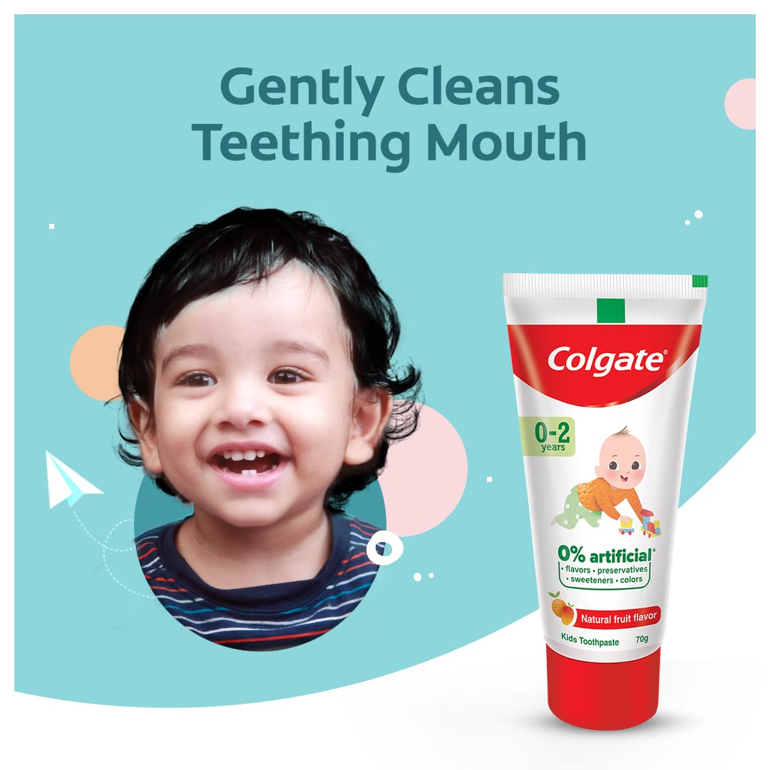 Colgate Toothpaste For Kids Cavity Protection (0-2 Years), Natural Fruit Flavour Tooth Paste, Sls & Fluoride Free - 70G Tube