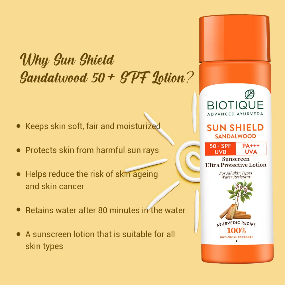 Biotique Bio Sandalwood Sunscreen Ultra Soothing Face Lotion, SPF 50+ |Ultra Protective Lotion| Keeps Skin Soft, Fair and Moisturized| Water Resistant| For All Skin Types| 120ml