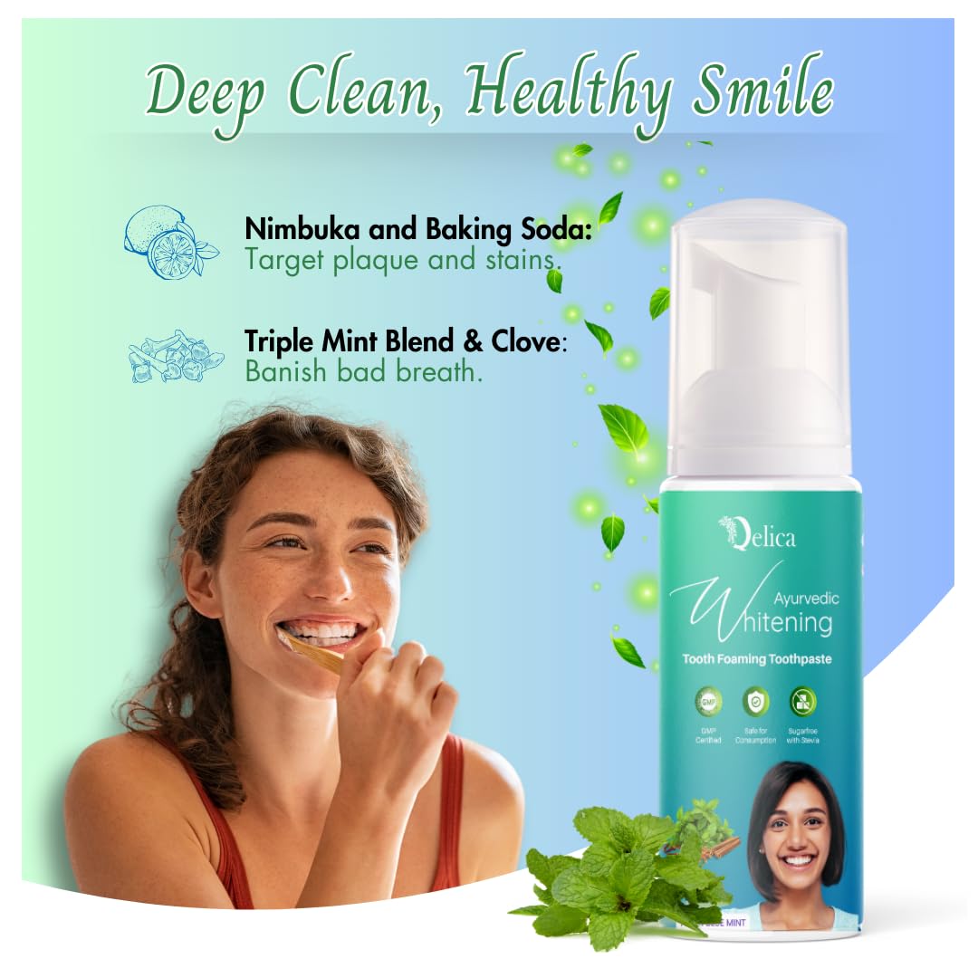 QELICA Ayurvedic Teeth Whitening Foam Toothpaste (60Ml) to Remove Stains & Yellow Teeth, Helps Cavities & Sensitivity, Fights Germs & Bad Breath (Fresh Mint)