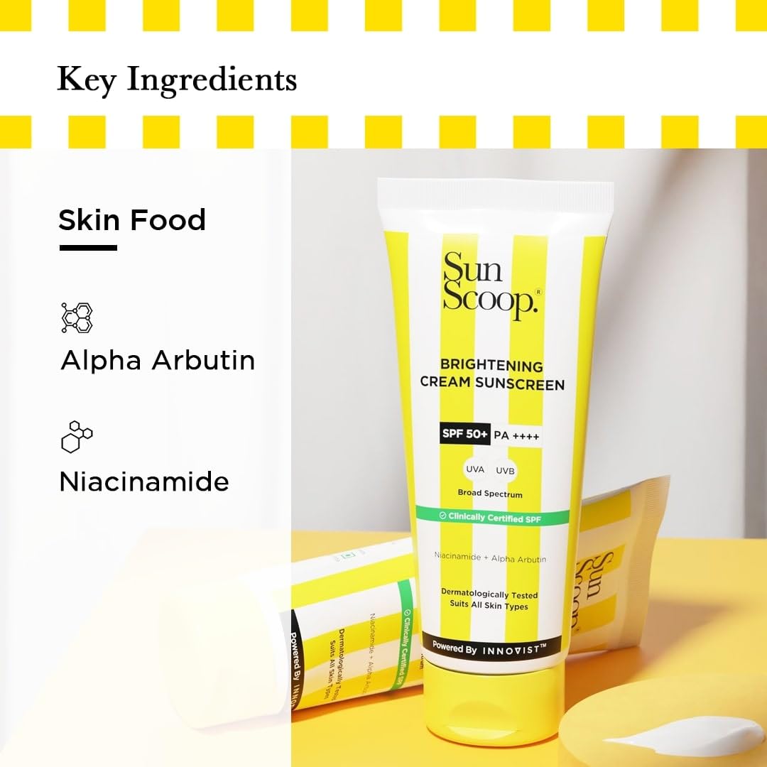 SunScoop Brightening Daily Sunscreen SPF 50 | Zinc Oxide UV Filter for Effective Sun Protection | With Niacinamide + Alpha Arbutin | PA++++, Broad Spectrum, No White Cast | Ideal for All Skin | 45g