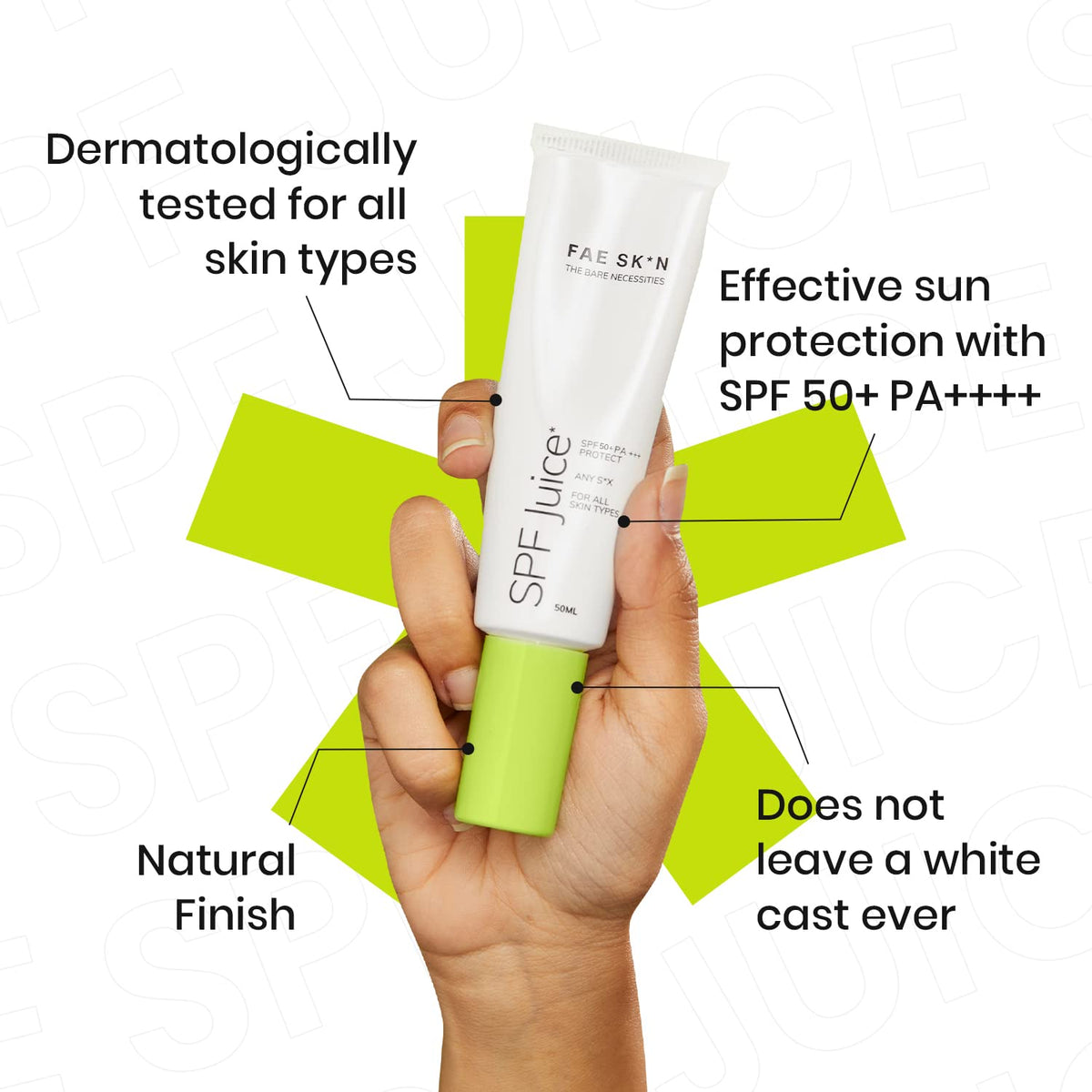 FAE Beauty No White Cast Lightweight Sunscreen With SPF 50+ PA++++ | Fragrance Free, Natural Finish | Non Greasy, Broad Spectrum SPF Juice | Hydrates Skin | For All Skin Types | Vegan (50ml)