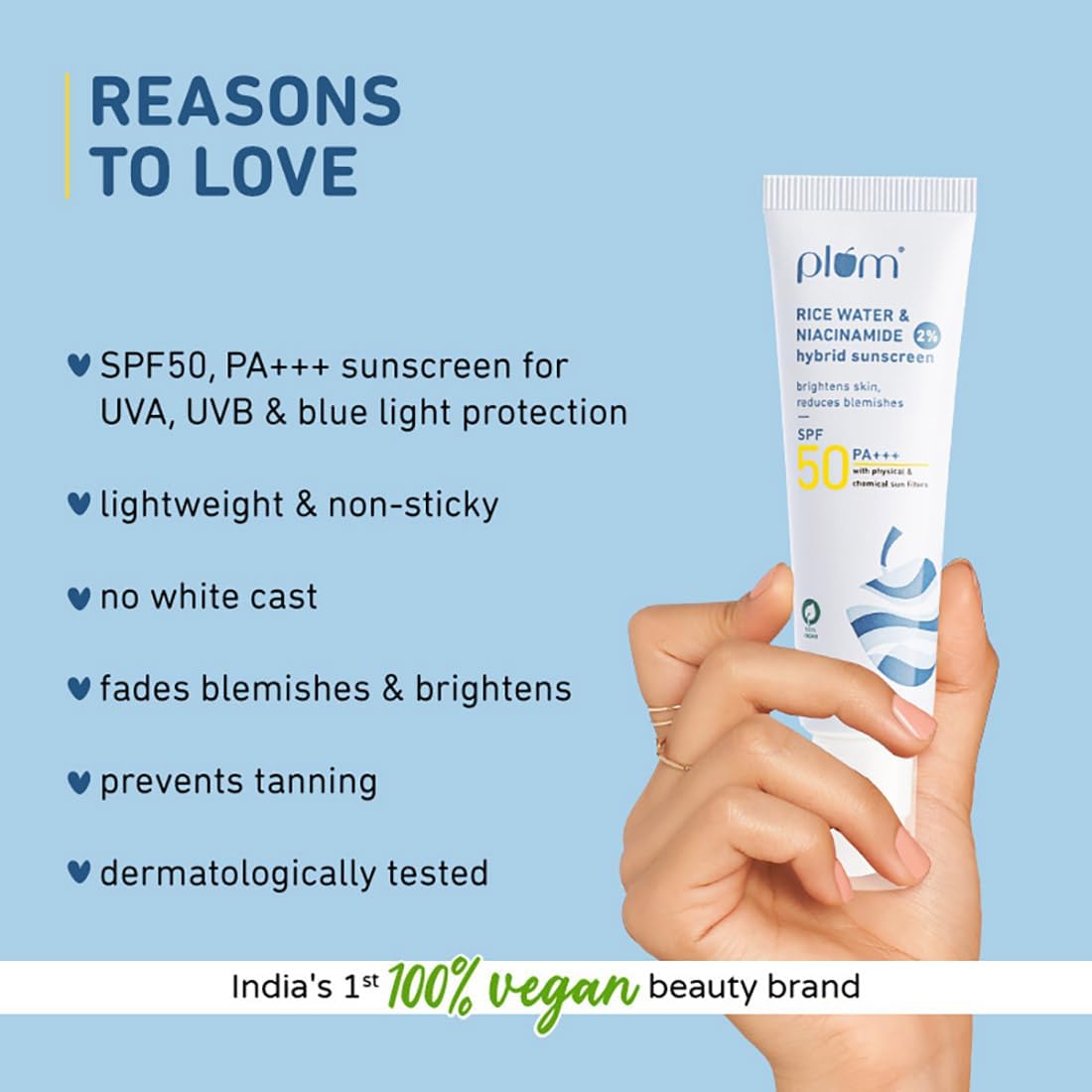 Plum 2% Niacinamide Sunscreen SPF 50 PA+++ With Rice Water | UVA/ UVB Protection | Reduces Tan, Brightens Skin | No White Cast, Lightweight, Non-Sticky | Dermatologically Tested | All Skin Types | Women & Men | 100% Vegan | 50 g