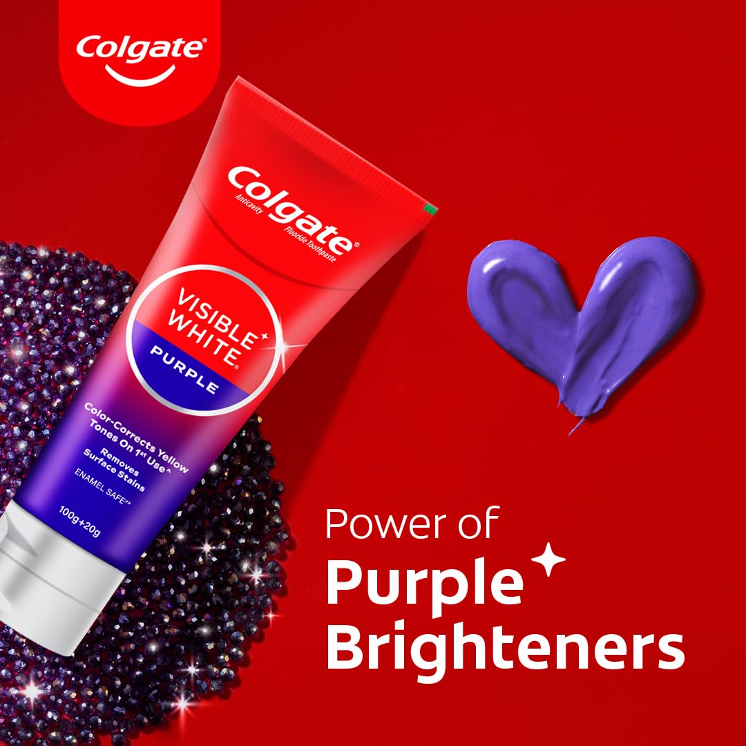 Colgate Visible White Purple Toothpaste for Teeth Whitening, Teeth Whitening Colgate Toothpaste with Fluoride, Tooth Paste Helps Remove Surface Stains, Whitens Yellow Teeth, Enamel-Safe for Daily Use Paste Toothpaste (100g + 20g)