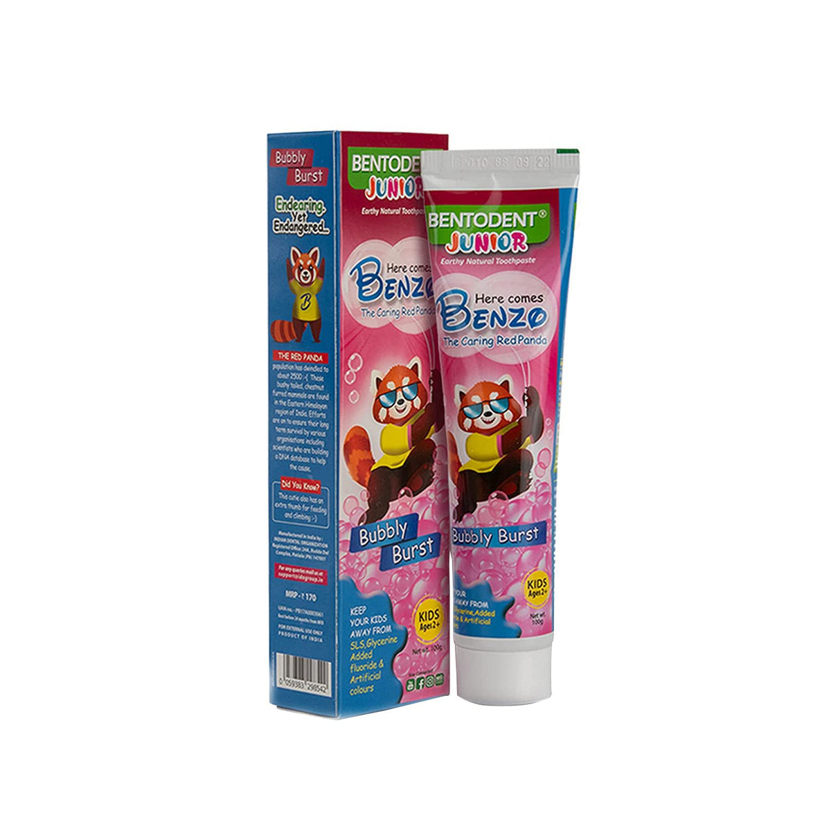 Bentodent 100% Natural Kids Bubble Gum Toothpaste, Fluoride Free, Sls Free, Complete oral care protection for kids, Fresh Breath, Best toothpaste for kids 2+ years 100g