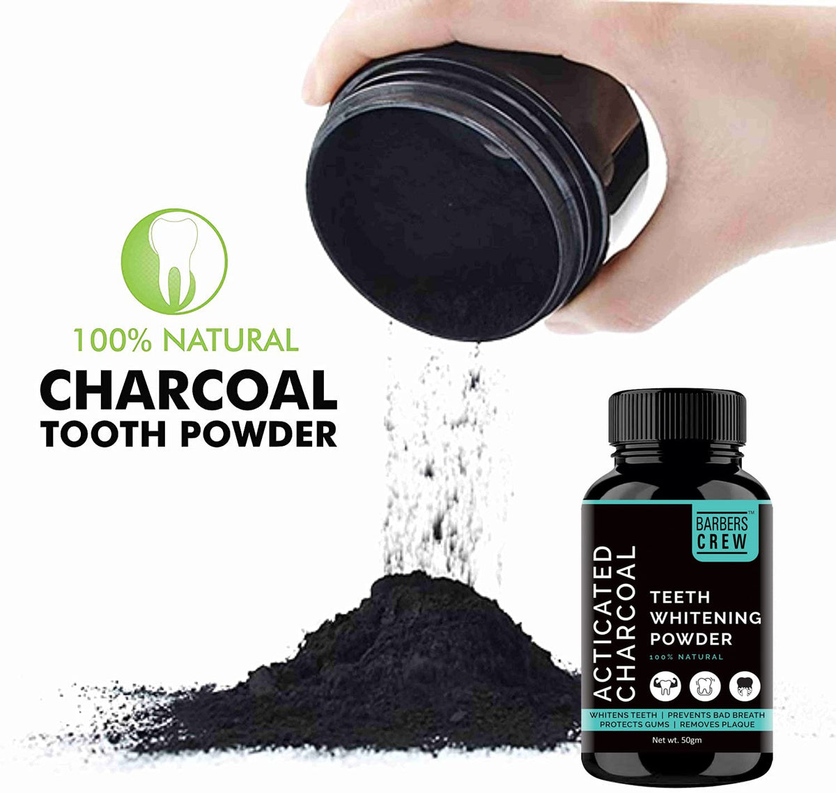 Barbers Crew Teeth Whitening Charcoal Powder for Tobacco Stain, Tartar, Gutka Stain and Yellow Teeth Removal 50 gm