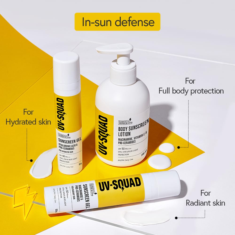 UV Squad Sunscreen SPF 50 PA+++ with Niacinamide & Pro-Ceramides | No white cast | Non-oily, lightweight, Non-comedogenic