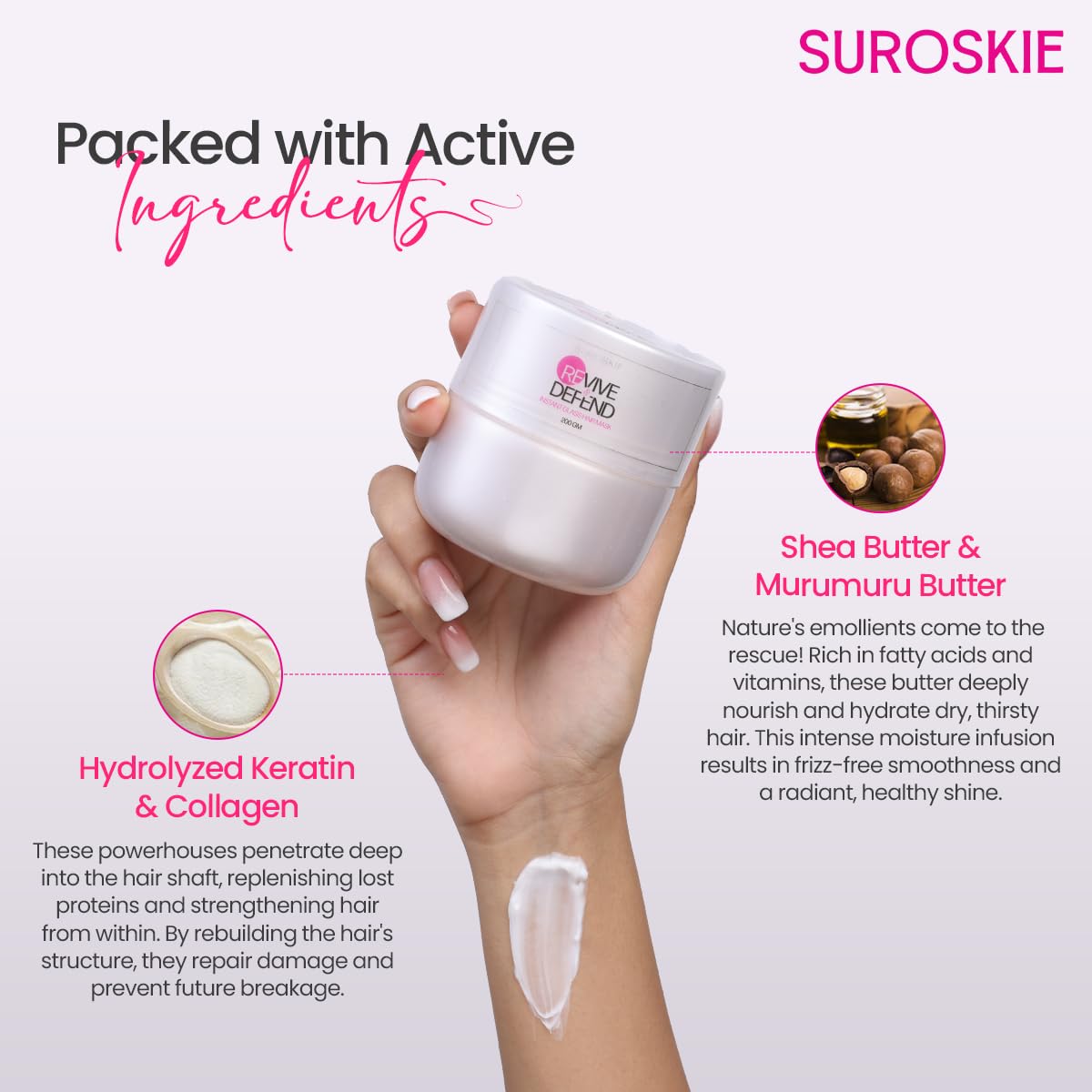 SUROSKIE Revive & Defend Instant Glass Hair Mask 200gm | With Hydrolyzed Keratin & Murmuru Butter | Nourish & Frizz Free Hair | Spa Treatment at Home | Intense Hair Damage Repair Mask | All Hair Types