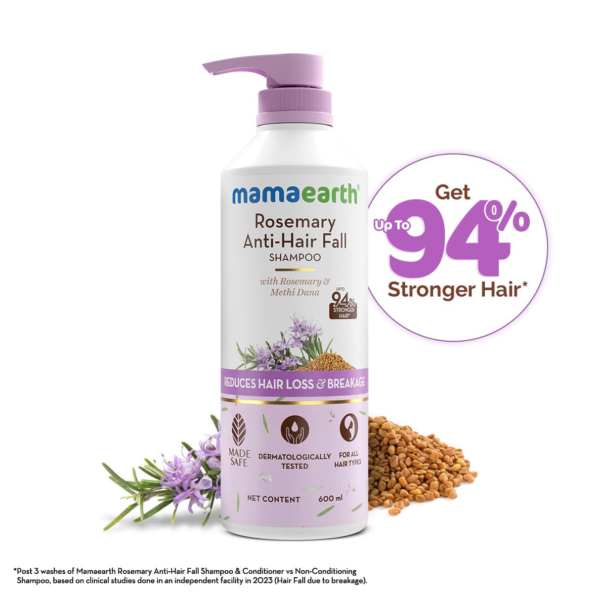 Mamaearth Rosemary Anti-Hair Fall Shampoo with Rosemary & Methi Dana for Reducing Hair Loss & Breakage- 600 ml|Up to 94% Stronger Hair|Up to 93% Less Hair Fall|Sulphate Free Shampoo|For Men and Women