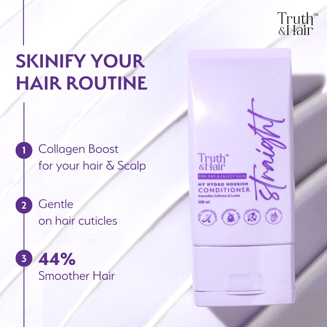 TRUTH & HAIR Hydro Nourish Conditioner for Straight Hair (120ml) | With Aloevera Powder, Hyaluronic Acid, Collagen, Argan & Almond Oil | SLS & Paraben free | Dermat Approved | Improves hair softness