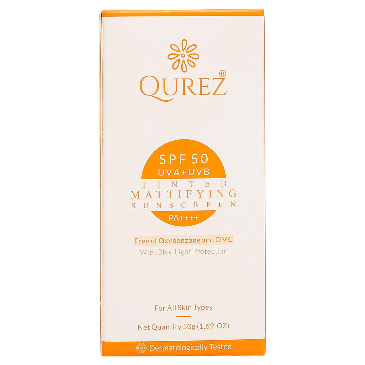 Qurez Spf 50 Tinted Mattifying Sunscreen, Matte No White Cast For All Skins Broad Spectrum Blue Light Protection Pa+++, Uv A, Uv B For Glowing & Well Protected Skin, Cream 50G