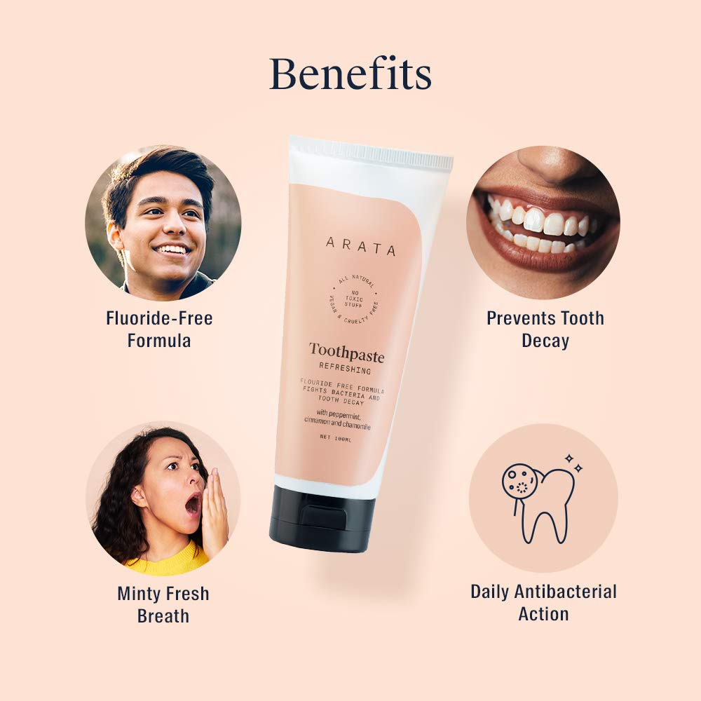 Arata Zero Chemicals Natural Fluoride/Sulphate and Paraben-Free Refreshing Toothpaste with Peppermint, Cinnamon and Chamomile and (100 ml)