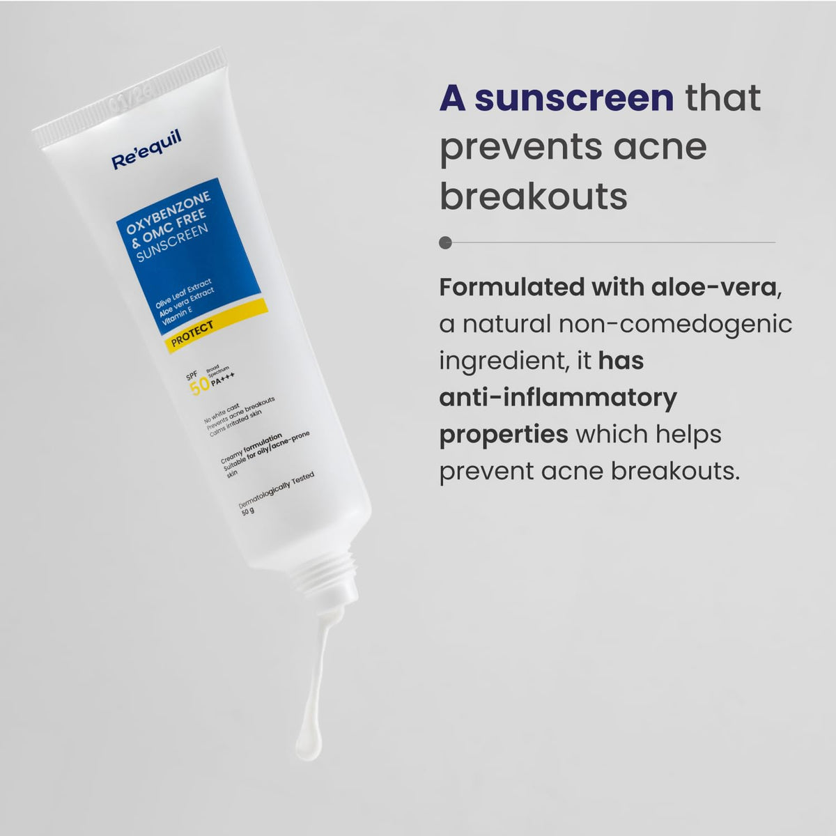 RE' EQUIL Oxybenzone and OMC Free Sunscreen For Oily, Sensitive & Acne Prone Skin | Prevents Acne Breakouts | No White Cast | SPF 50 PA+++ | 50g