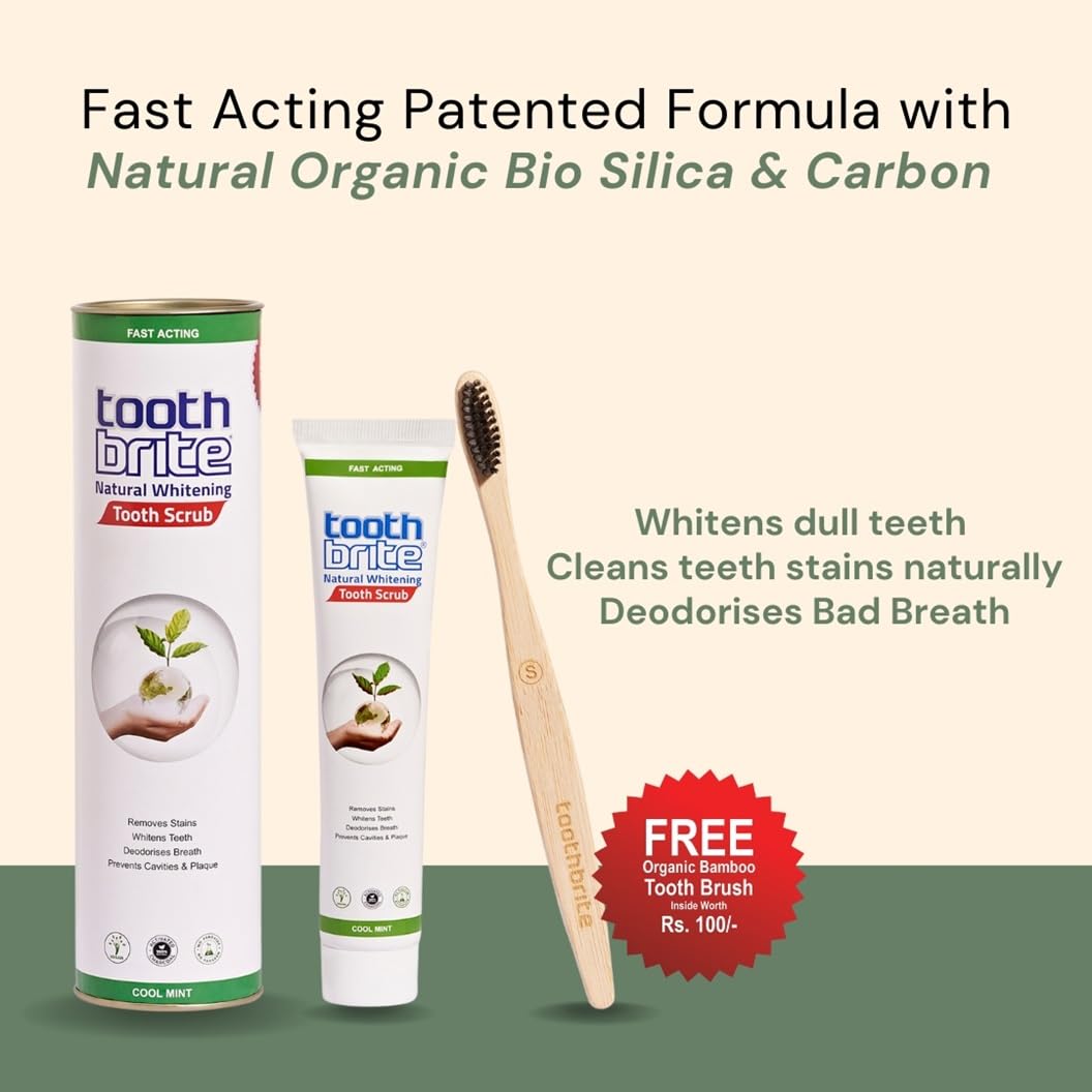 toothbrite Natural Whitening Tooth Scrub gel toothpaste Patented Micro Granular Scrub Contains no Harmful Peroxides or Paraben | Mint Flavour| Single pack of 100g Comes with Free Natural Bamboo Toothbrush