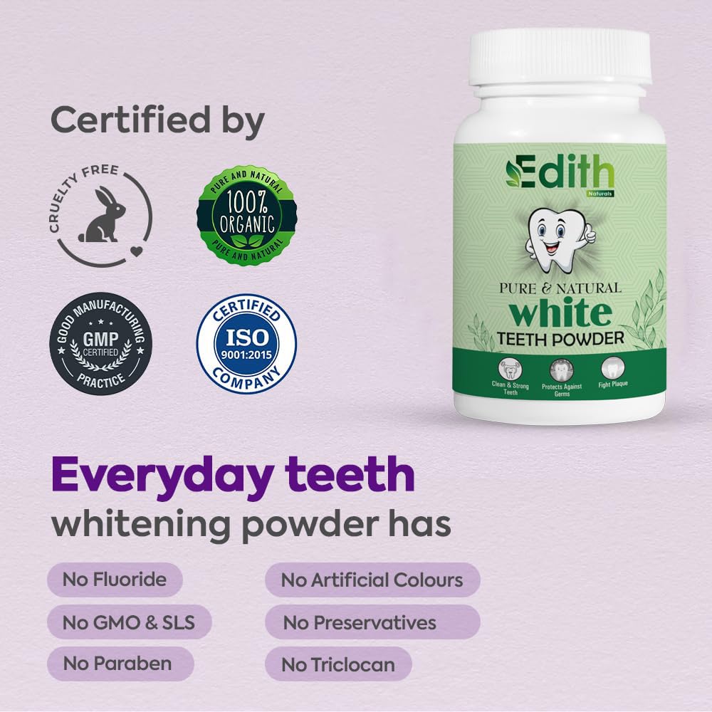 Edith Naturals Teeth Whitening Powder Removes Oldest Stains, Tartar & Plaque | Cavity Protection, Enamel Safe | Natural Mint Formula for Long Lasting Freshness | Men & Women 100g