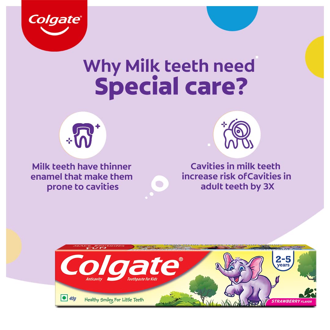 Colgate Kids Toothpaste For 2-5 Years, Strawberry Flavour, Gentle Protection, Prevents Cavities Tooth Paste With 50% Lesser Abrasive Formula For Protecting Against Cavities - 40 Gram