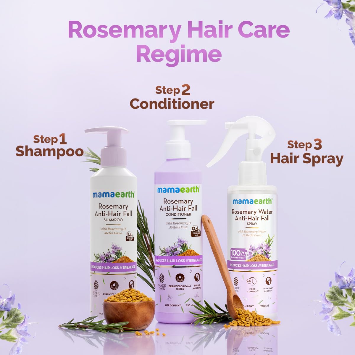 Mamaearth Rosemary Water Anti-Hair Fall Spray with 100% Pure Rosemary Water & Methi Dana 200ml|Hair Growth,Stronger,Denser Hair|24Hr Frizz Control|Folligen ANALupe, Fision Aquashield|Shiny,Smooth Hair