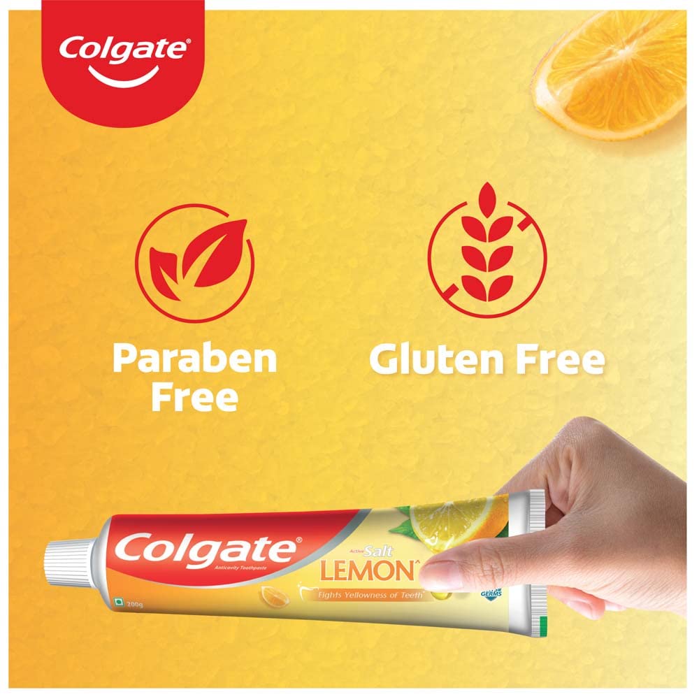 Colgate Active Salt Lemon Toothpaste , Pack Of 200Gm Germ-Fighting Tooth Paste With Active Natural Salt & Lemon For Fighting Sticky Germs & Yellowness Giving Healthy Whitening Teeth & Tight Gums