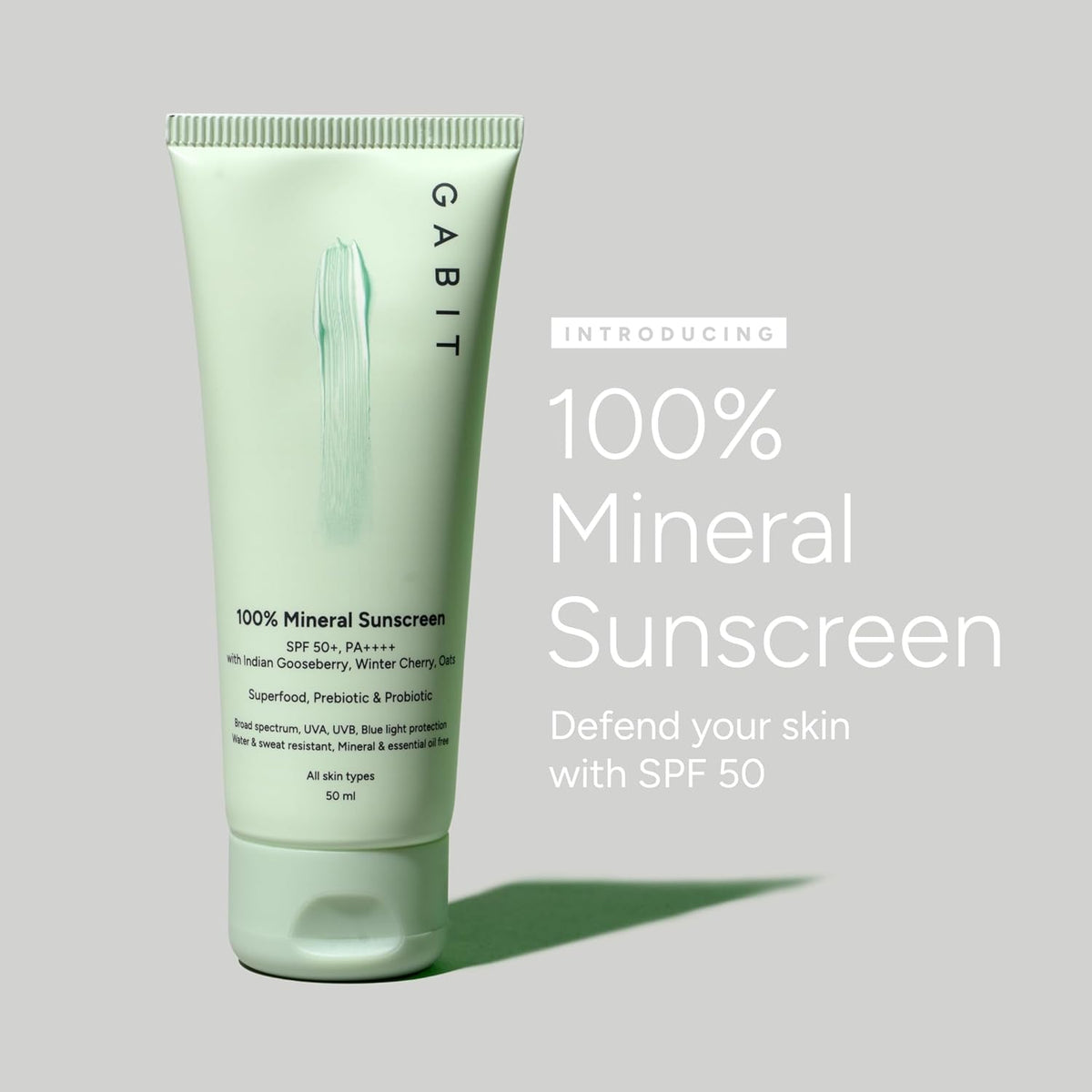 Gabit 100% Mineral Sunscreen SPF 50 PA++++ | Water & Sweat Resistant, UVA/B & Blue Light Protection | No White Cast | Vit E, Gooseberry, Winter Cherry | Normal, Oily, Dry Skin Types | Oil free |50ml