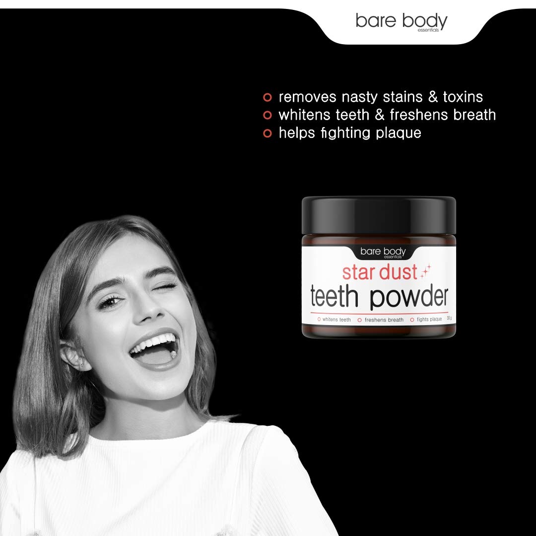 Bare Body Essentials Star Dust Teeth Whitening Powder, For Shiny Polished Teeth, Improves Teeth Whiteness and Brightness, Helps Fight Plaque, Removes Stains, Freshens Breath, Natural Ingredients, 30gm