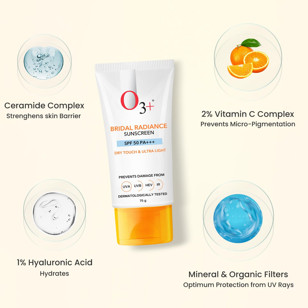 O3+ Bridal Radiance Sunscreen SPF 50 PA +++ Dry Touch & Ultra Light Non-greasy and leaves no white cast Prevents Damage From UVA | UVB | HEV | IR | Dermatologist Tested | 75g