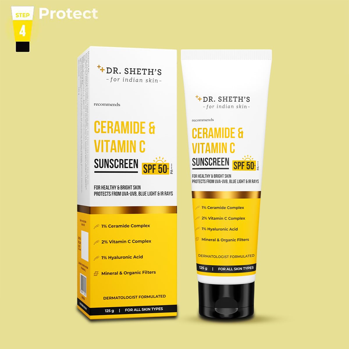 Dr. Sheth’s Ceramide & Vitamin C Sunscreen SPF 50+ PA++++|One-step Routine For Healthy & Bright Skin| NON-STICKY|NO WHITE CASTINon-Greasy, Quick-Absorbing|For Women & Men|UVA UVB Sun Protection|125g