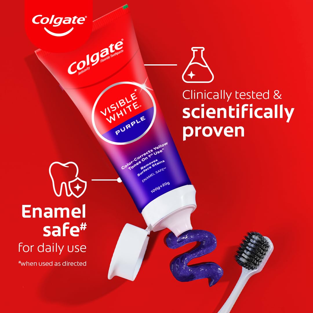 Colgate Visible White Purple Toothpaste for Teeth Whitening, Teeth Whitening Colgate Toothpaste with Fluoride, Tooth Paste Helps Remove Surface Stains, Whitens Yellow Teeth, Enamel-Safe for Daily Use Paste Toothpaste (100g + 20g)