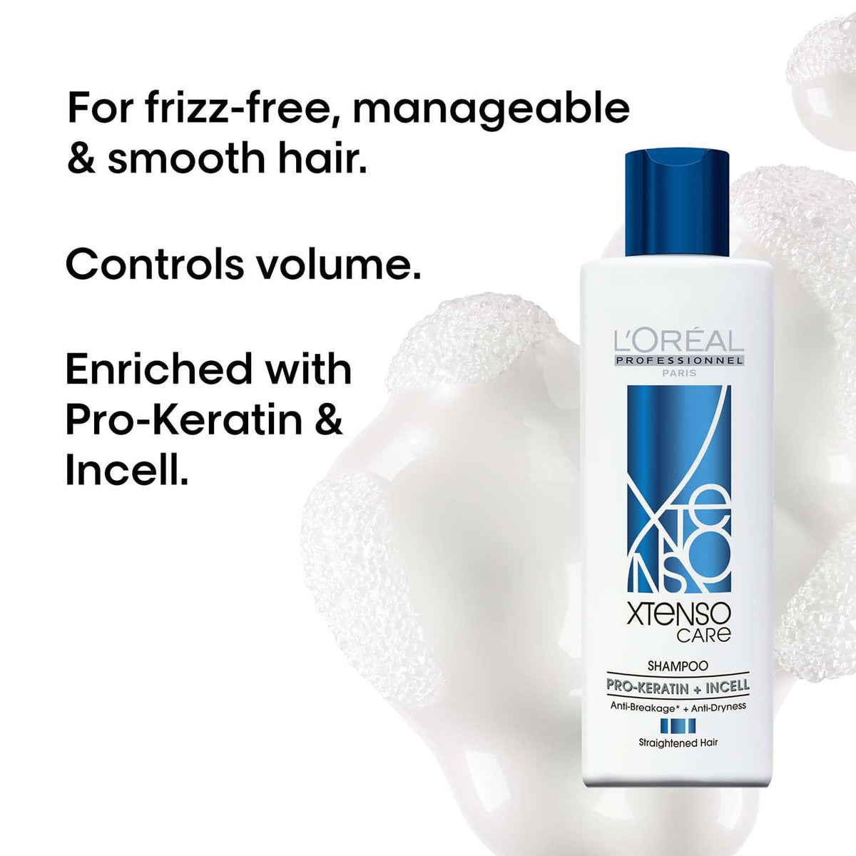 L'Oréal Professionnel Xtenso Care Shampoo for Frizz-Free, Smooth & Manageable Hair 250ml | Enriched with Pro Keratin & Incell | For Men & Women | Unruly, Unmanageable Hair