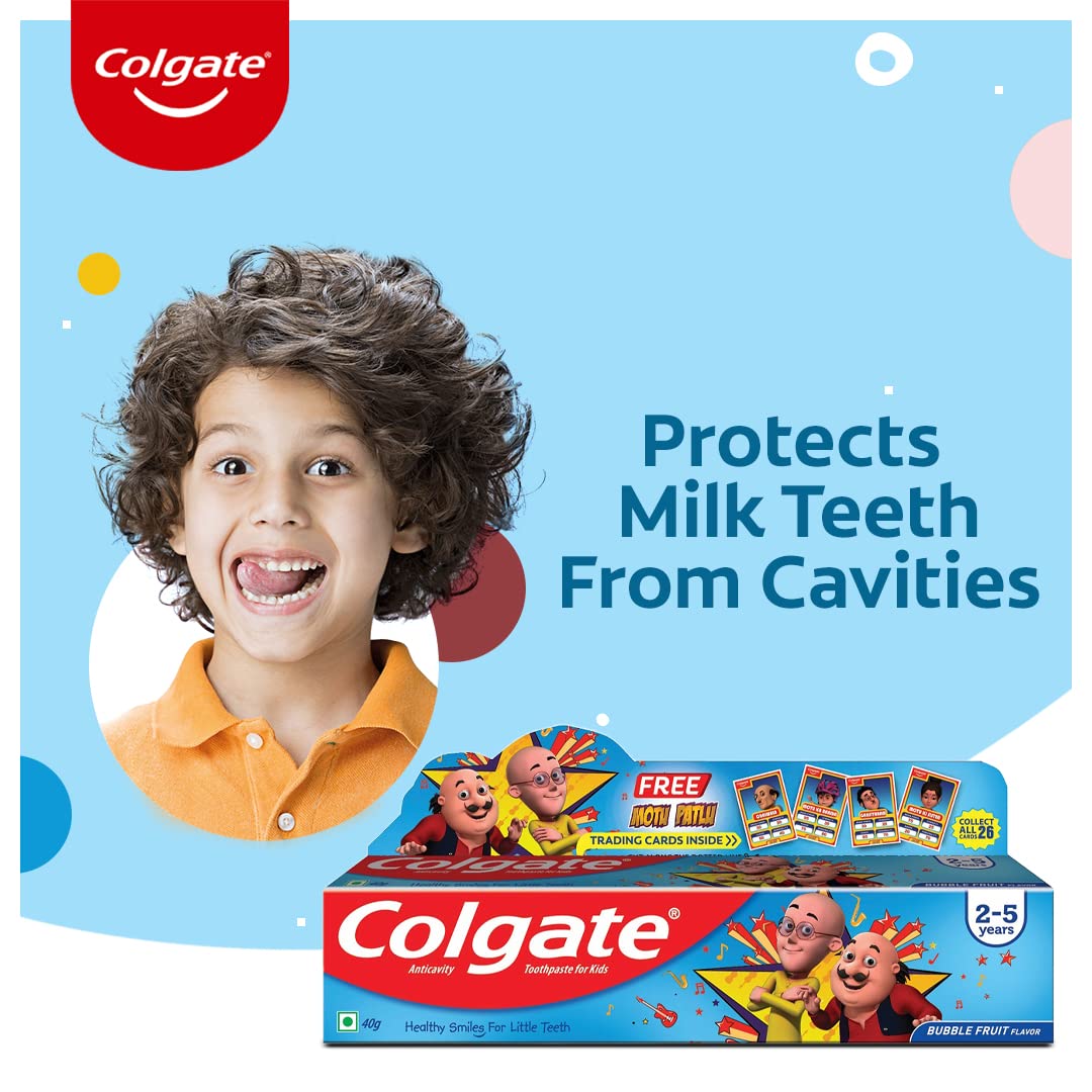 Colgate Kids Toothpaste For 2-5 Years, Motu Patlu, Bubble Fruit Flavour, Gentle Cavity Protection Tooth Paste With 50% Lesser Abrasive Formula For Protecting Against Cavities - 40G