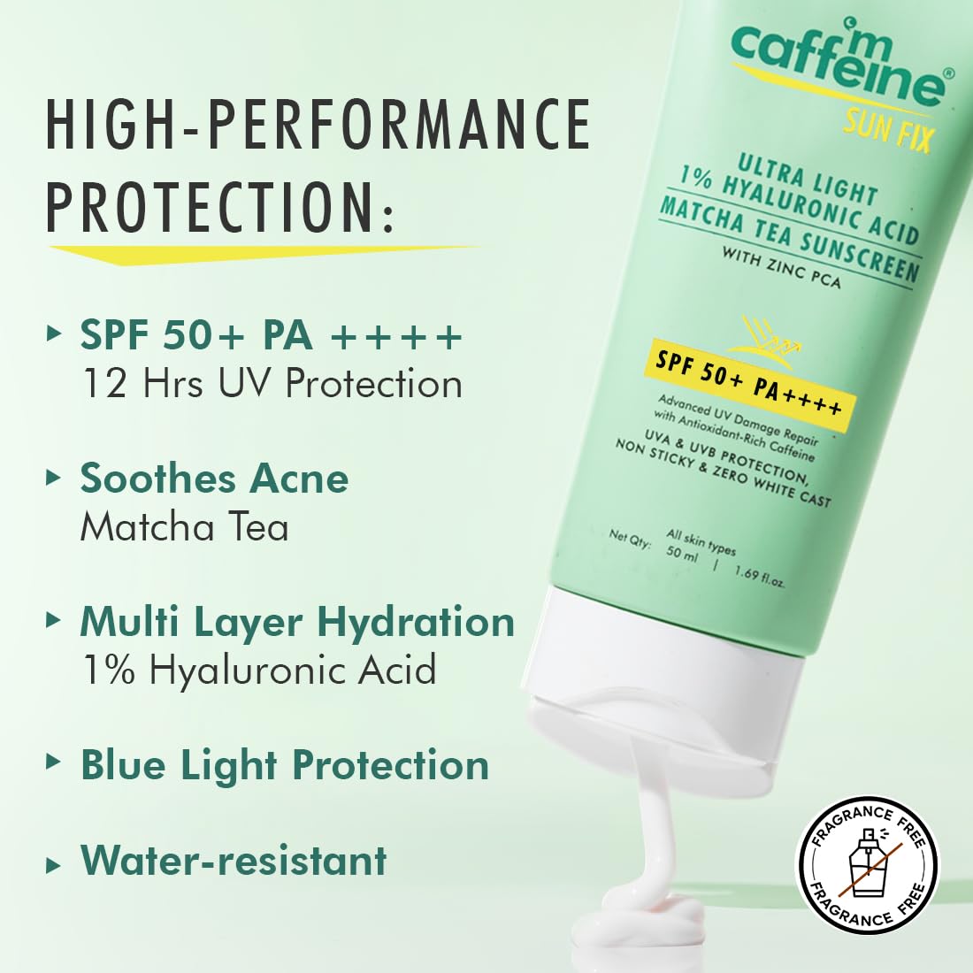 mCaffeine Sun Fix Ultra Light 1% Hyaluronic Acid Matcha Tea Sunscreen SPF 50+ & PA++++ UVA-UVB & Blue Light Protection | No White Cast | Controls Oil | Non-sticky | Fragrance Free - 50ml