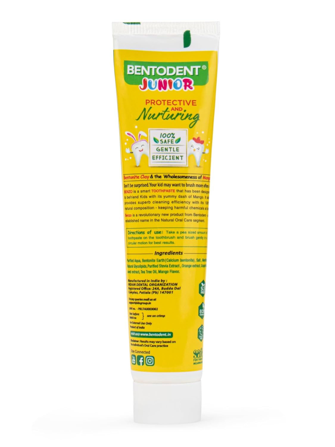 Bentodent 100% Natural Kids Mango Toothpaste, Fluoride Free, Sls Free, Complete oral care protection for kids, Fresh Breath, Best toothpaste for kids 2+ years 100g