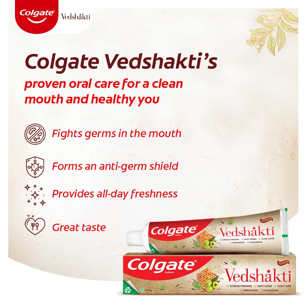 Colgate Vedshakti Toothpaste, Anti-Bacterial Tooth Paste for Whole Mouth Health and Fresh Breath, With Neem, Clove, and Honey, 400g, 200g X 2 (Combo Pack Offer)