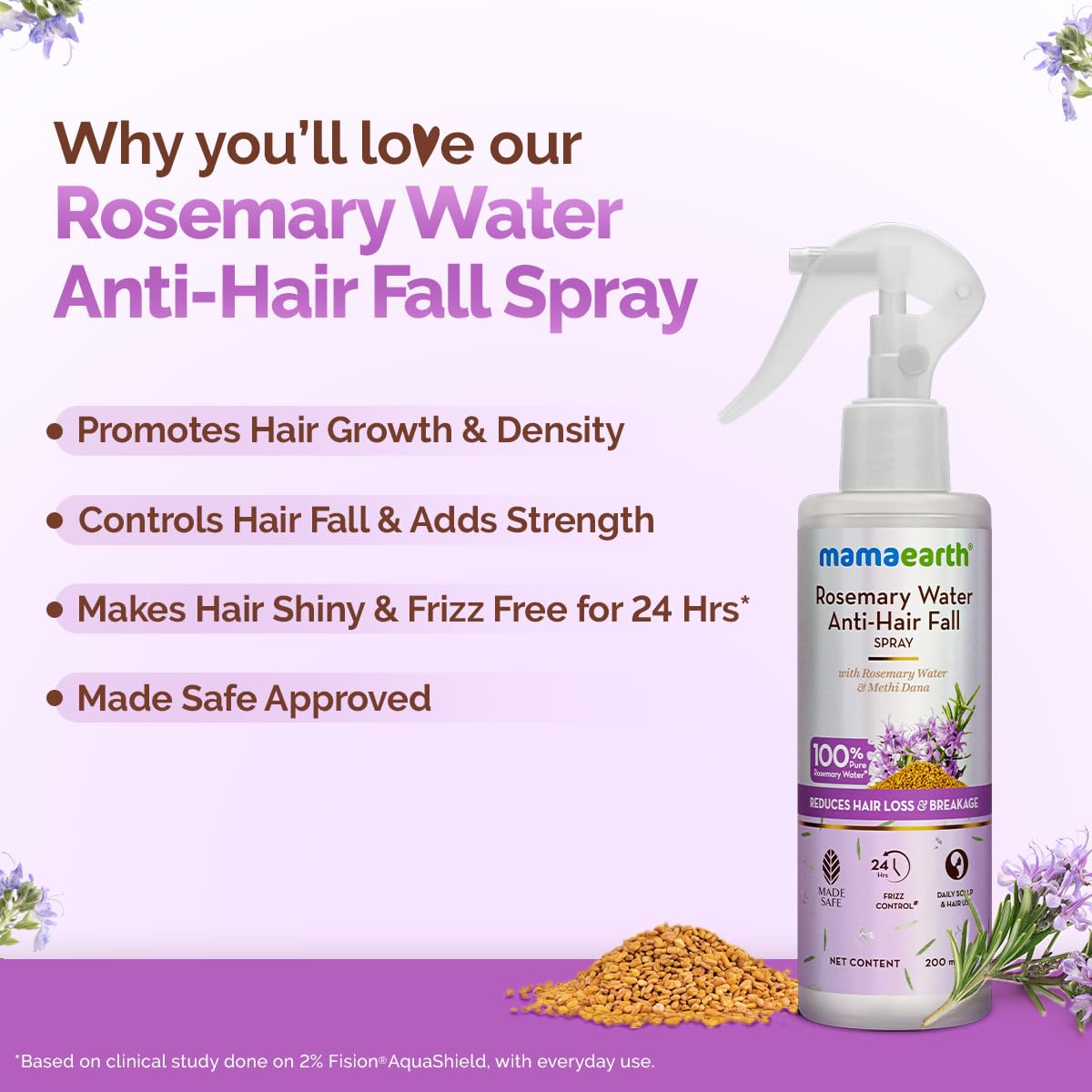 Mamaearth Rosemary Water Anti-Hair Fall Spray with 100% Pure Rosemary Water & Methi Dana 200ml|Hair Growth,Stronger,Denser Hair|24Hr Frizz Control|Folligen ANALupe, Fision Aquashield|Shiny,Smooth Hair