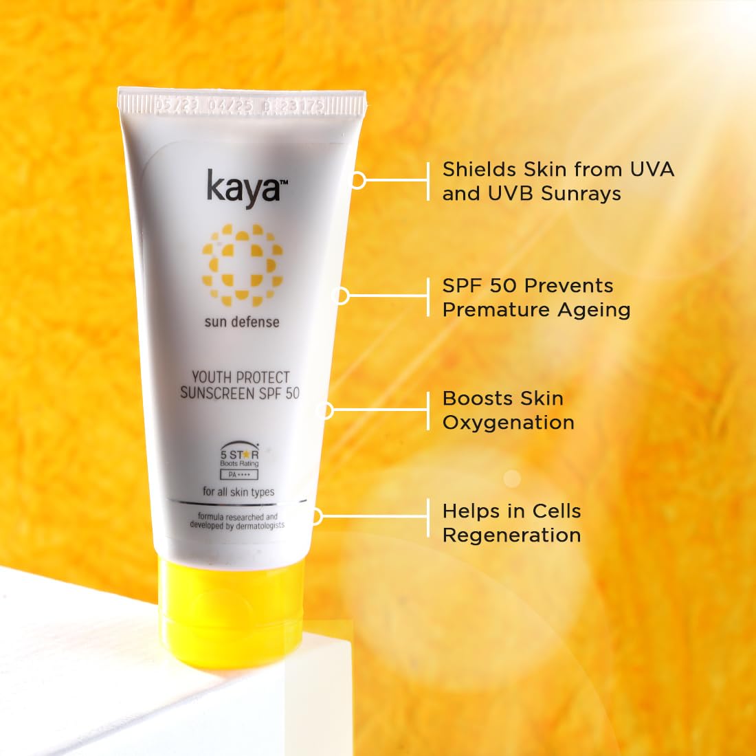 Kaya Clinic Youth Protect Sunscreen Cream SPF 50 PA++++ | UV A & UV B Protection | Lightweight | Non Sticky Sunscreen | PABA Free | All Skin Types, 50ml