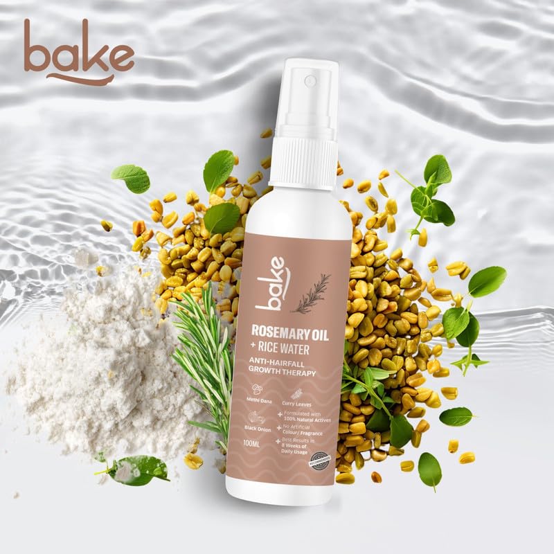 BAKE Rosemary Oil Hair Growth Serum Spray with Rice Water & Methi Dana | For Hair Fall, Hair Regrowth & Keratin Treated | Strengthen Hair Follicles | For Women & Men | 100ml (Spray)