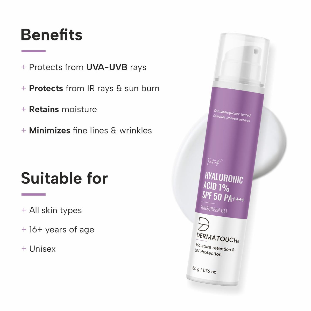 DERMATOUCH HYALURONIC ACID 1% SUNSCREEN | SPF 50 PA++++ | FOR ALL SKIN TYPES | NO WHITE CAST | 50G