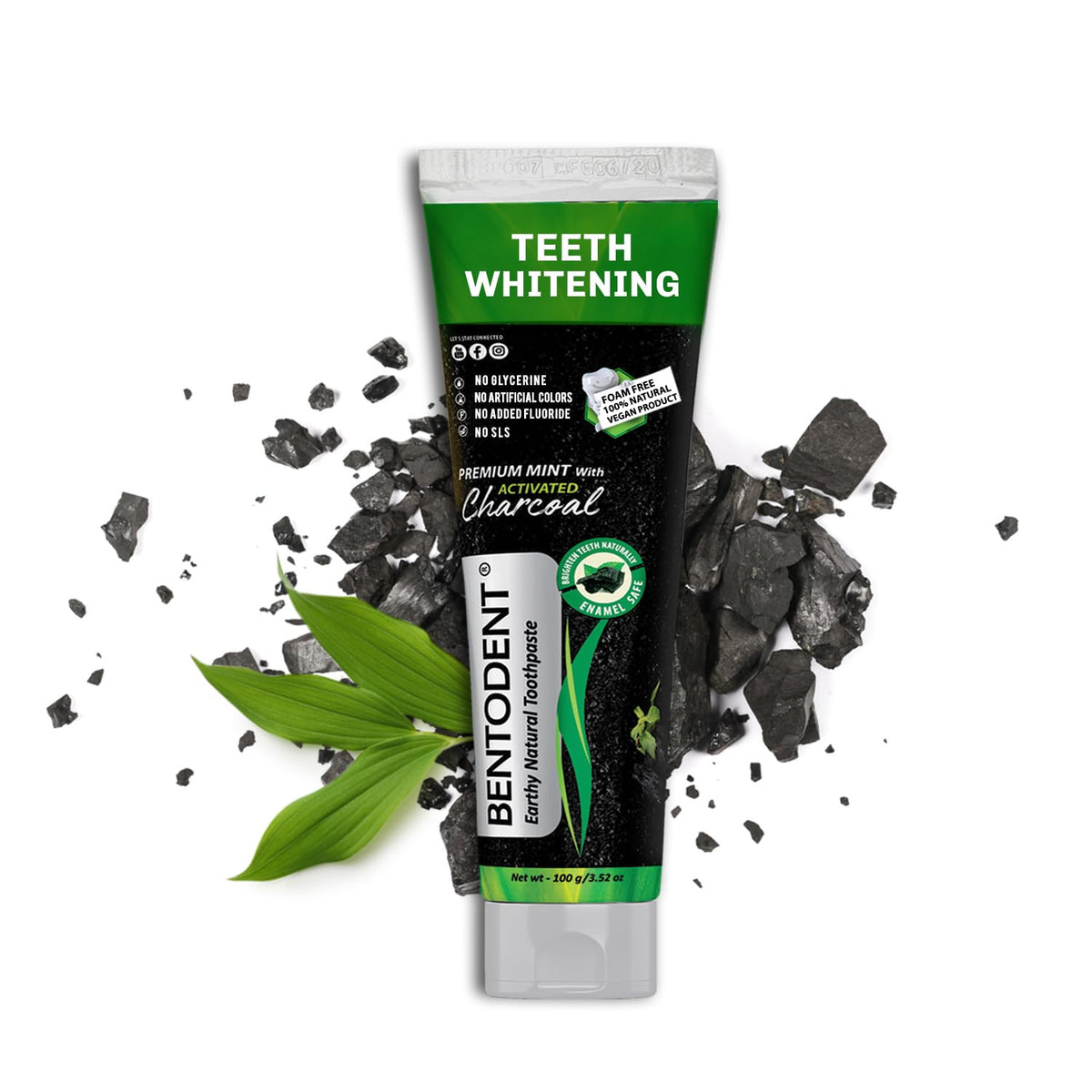 Bentodent toothpaste - Teeth Whitening Products | Activated Charcoal Mint Teeth Whitening Toothpaste | Enamel Safe, Natural | Foam free, Fluoride Free - (Pack of 2 Teeth Whitening Products)