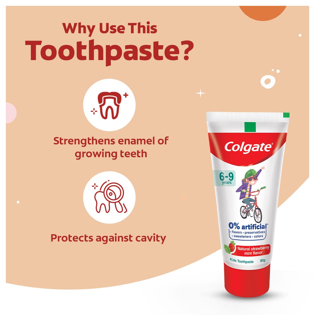 Colgate Toothpaste Enamel Protection For Kids (6-9 Years), Natural Strawberry Mint Flavour Tooth Paste, With 0% Artificial Flavors, Preservatives, Sweeteners & Colors - 80G Tube