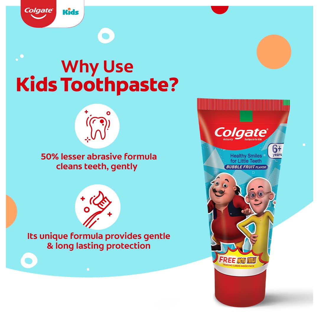 Colgate Kids Toothpaste For 6+ Years, Motu Patlu, Bubble Fruit Flavour, Gentle Protection Tooth Paste With 50% Lesser Abrasive Formula For Protecting Against Cavities, Enamel Protection, 80G