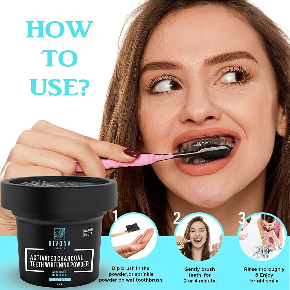 RIVONA NATURALS Activated Charcoal Teeth Whitening Powder - For Enamel Safe Teeth Whitening, Stain Remover, Freshens Breath - With Activated Charcoal, Turmeric & Clove Powder - 35g (Fluoride Free)