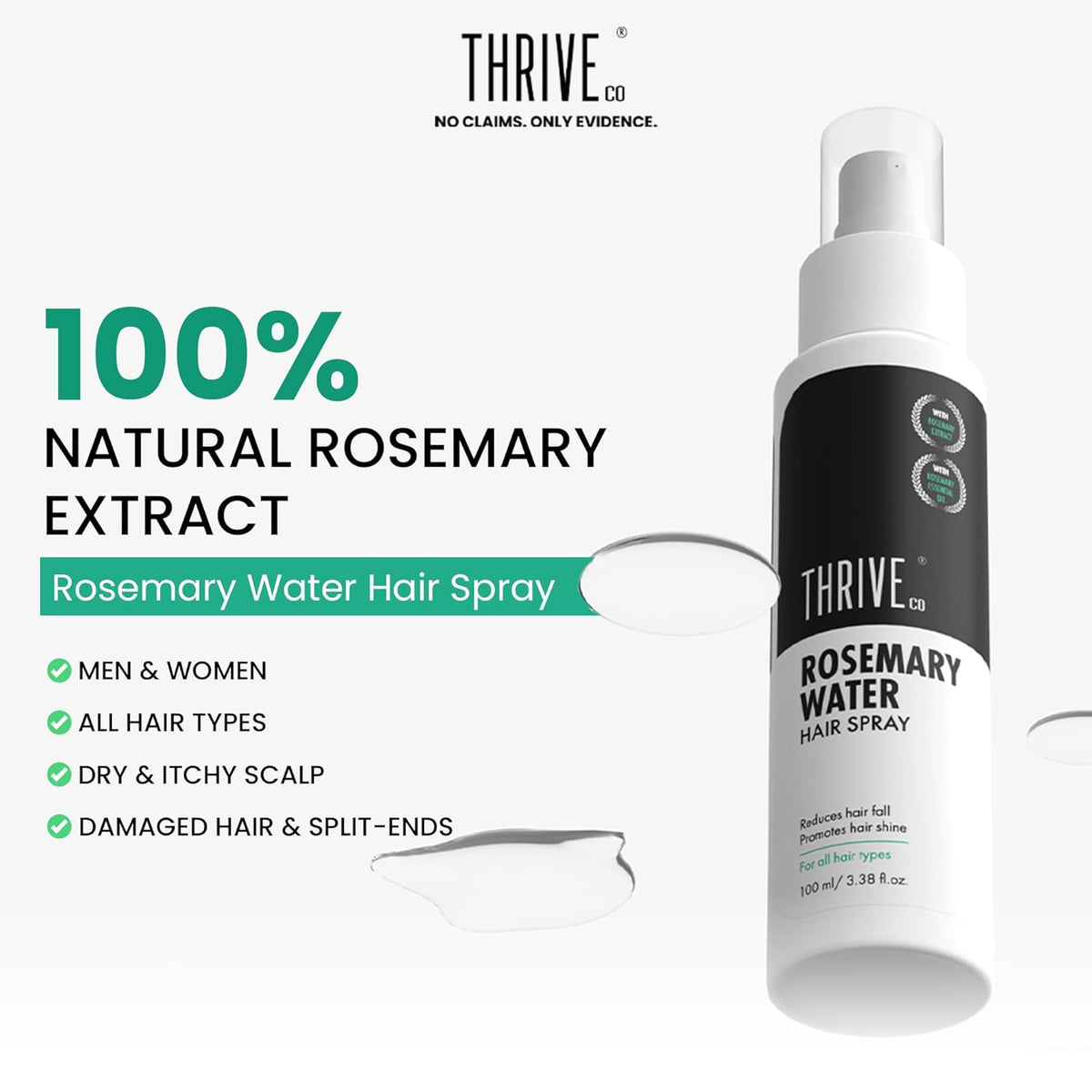 ThriveCo Rosemary Water Hair Spray | With 100% Natural Rosemary Extract, Rice Water & Hyaluronic Acid | For Hair Growth, Hair Fall Control, Hair Conditioning & Hair Shine | Men & Women, 100ml