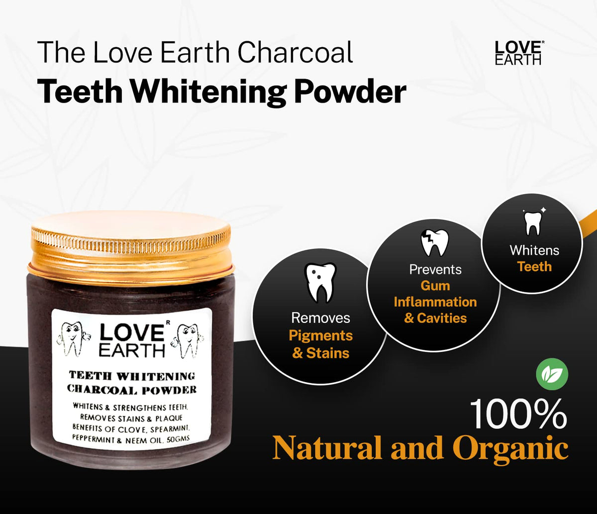 Love Earth Charcoal Teeth Whitening Powder For Teeth Whitening, Removes Plaque And Freshens Breath With Peppermint & Neem Oil 50gm