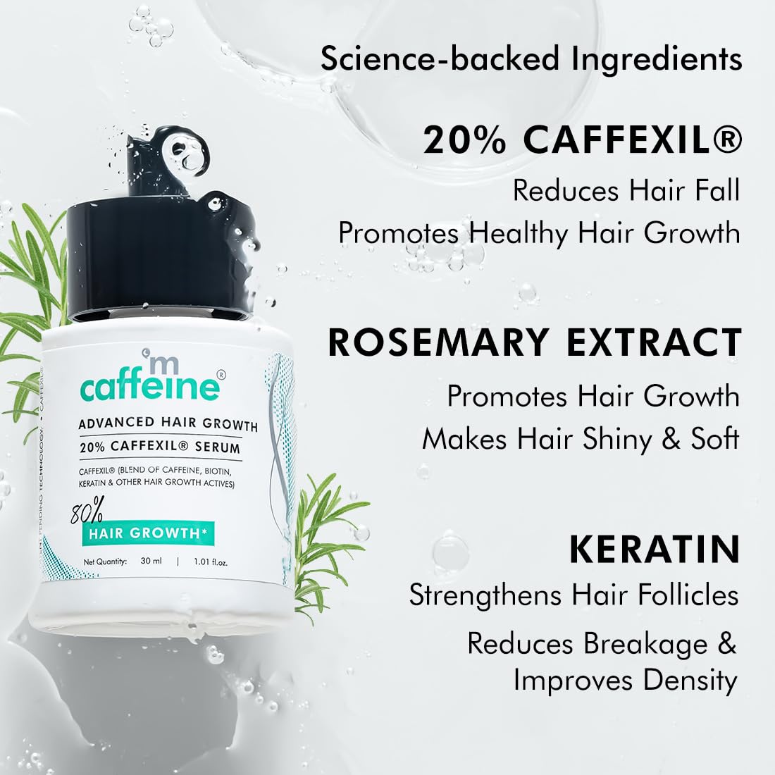 mCaffeine Hair Serum with 20% Caffexil Advanced, Biotin, Keratin & Rosemary | 80% Hair Growth, Increase Hair Density & Controls Hair Fall | mCaffeine Products | Nourishes Hair Roots | Hair Growth Serum For Women and Men - 30 ML