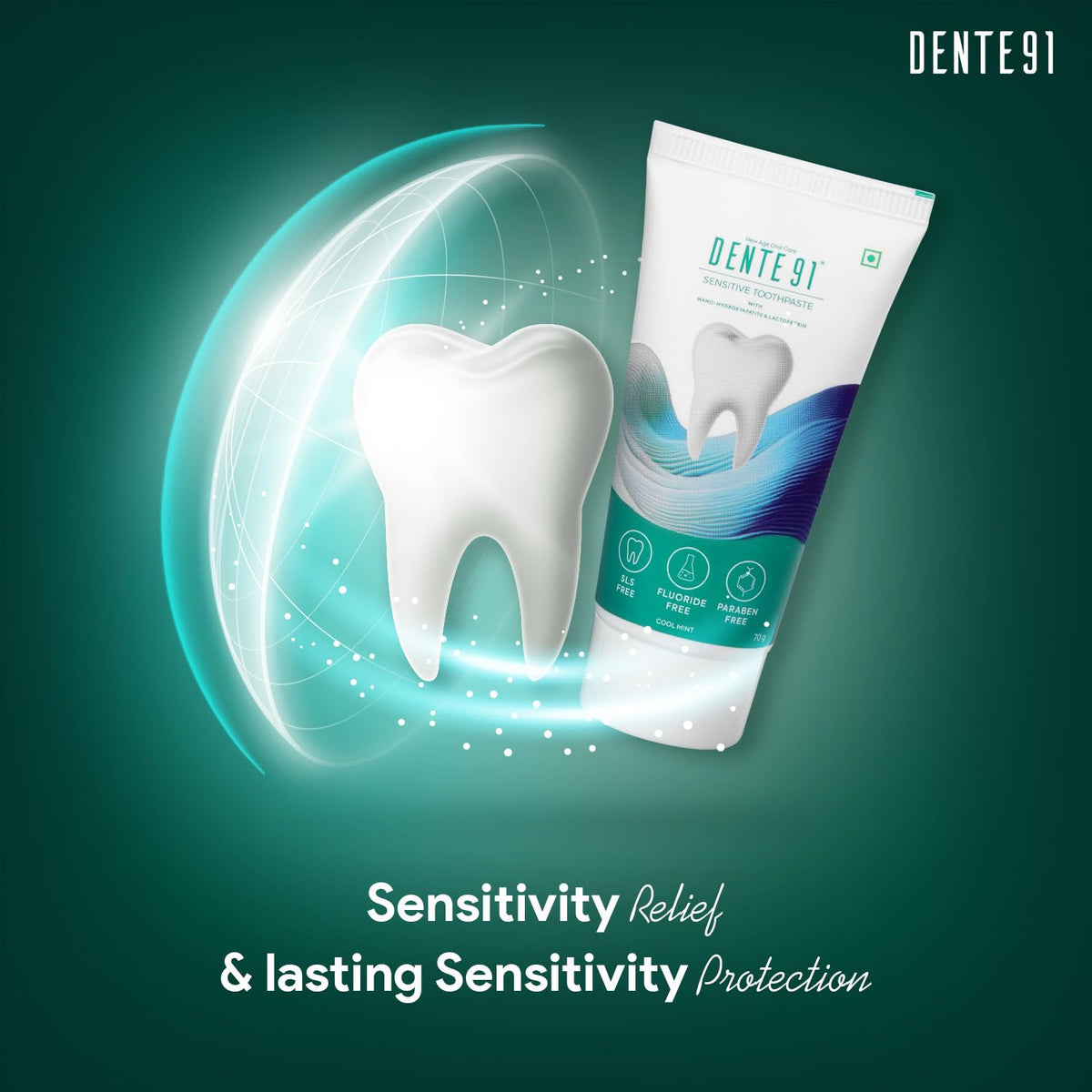 Dente91 Sensitive Toothpaste, Reduces Hypersensitivity, Strengthens Enamel, Repairs Cavities, Remineralizes Teeth, SLS Free, Fluoride Free, Paraben Free, Pack of 1, 70gm