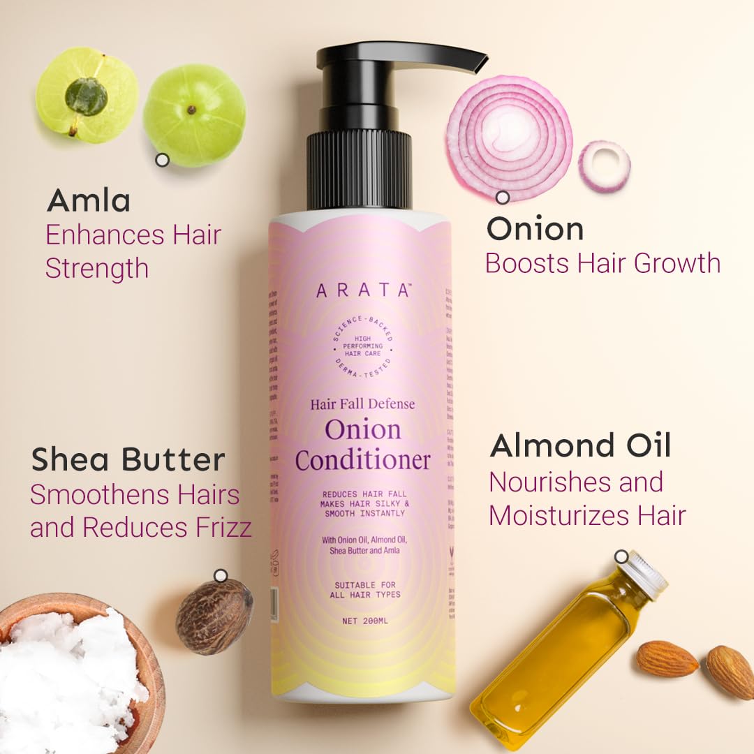 Arata Hair Fall Defense Onion Conditioner- 200 Ml Makes Hair Silky & Smooth Instantly With Onion Oil, Almond Oil, Shea Butter And Amla,1 Count