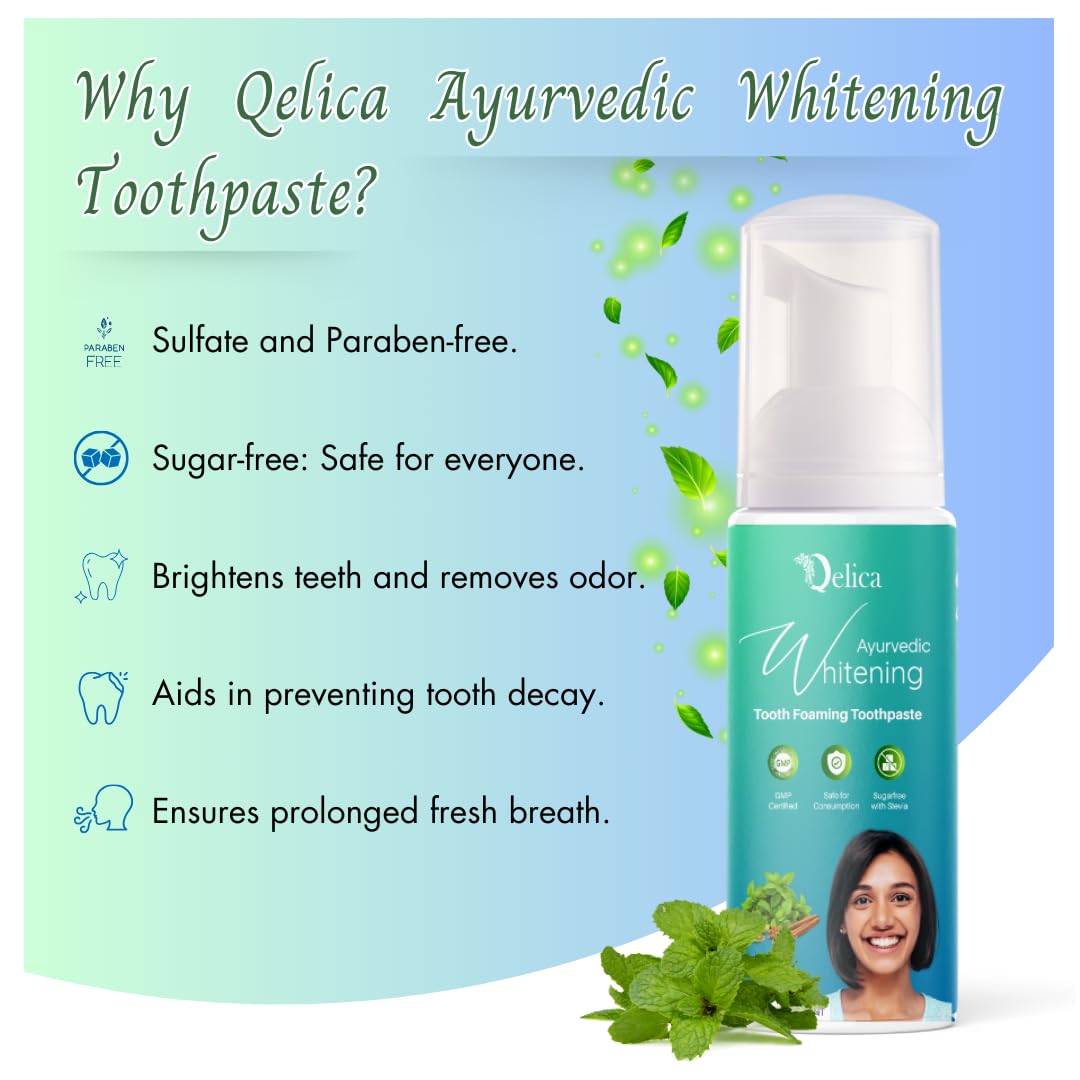 QELICA Ayurvedic Teeth Whitening Foam Toothpaste (60Ml) to Remove Stains & Yellow Teeth, Helps Cavities & Sensitivity, Fights Germs & Bad Breath (Fresh Mint)