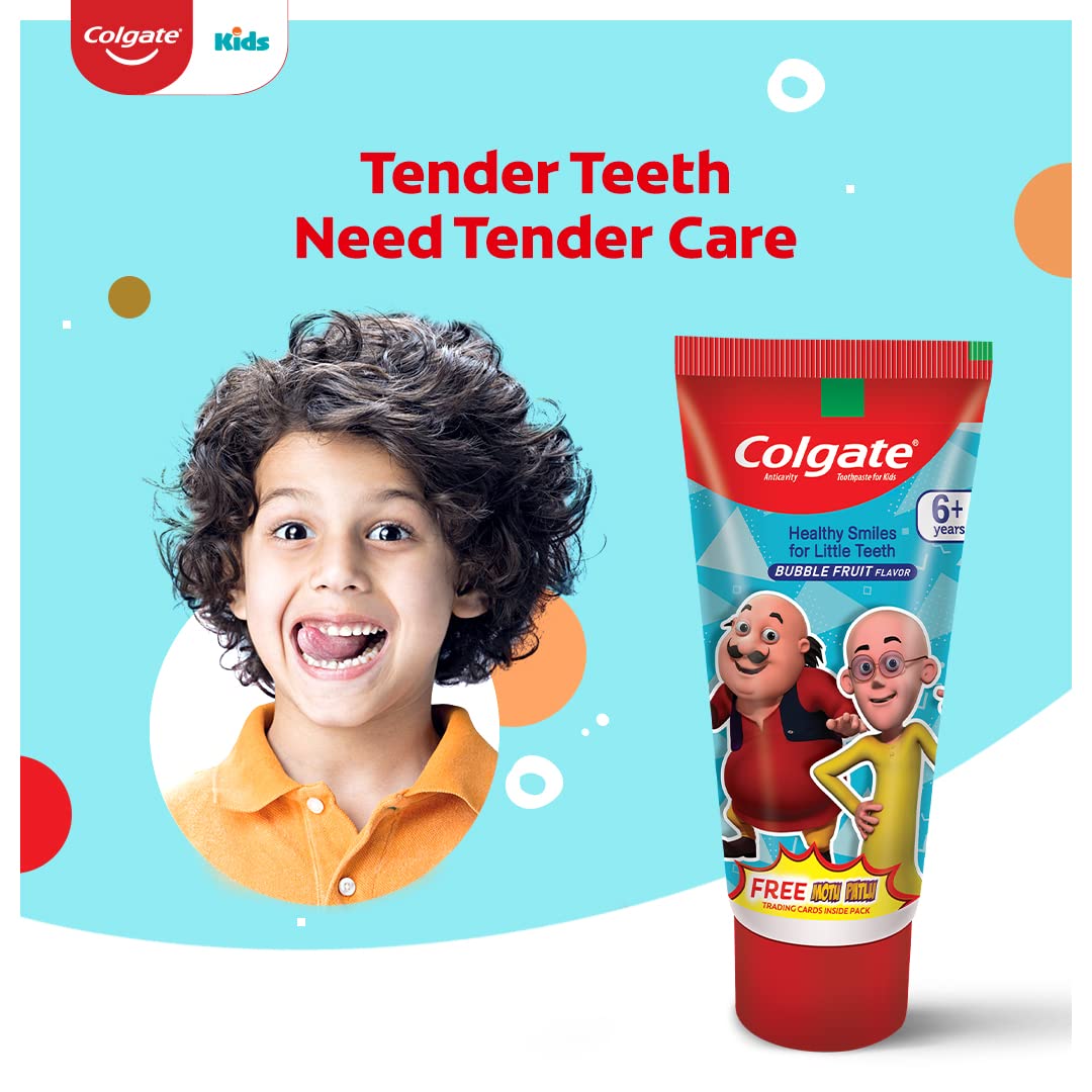 Colgate Kids Toothpaste For 6+ Years, Motu Patlu, Bubble Fruit Flavour, Gentle Protection Tooth Paste With 50% Lesser Abrasive Formula For Protecting Against Cavities, Enamel Protection, 80G