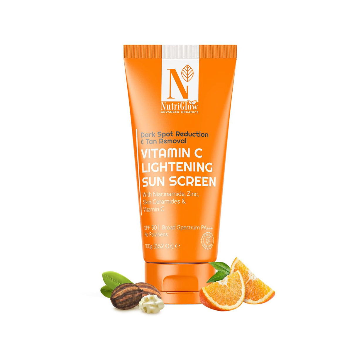 NutriGlow NATURAL'S Advanced Pro Formula Vitamin C Lightening Sunscreen SPF 50 & PA+++, For Deep Moisturization, Non-Greasy, Quick-Absorbing, Zero White Cast, For Women & Men UV A UV B Sun Protection(100 g)